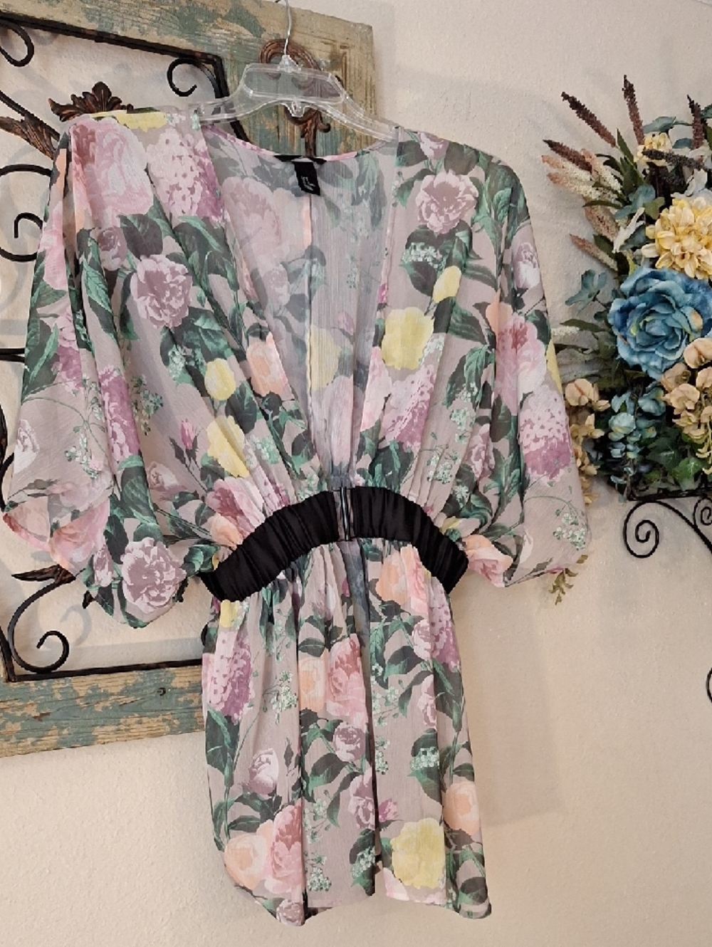H&M Floral Sheer Swim Coverup in Black, Pink, Yellow & Green. Size Medium
